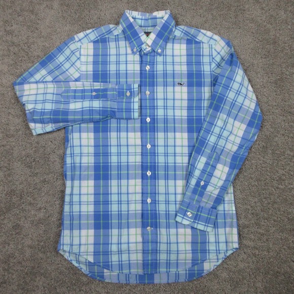 Vineyard Vines Shirt Mens Small Blue Plaid Slim Fit Whale Cotton Logo Button Up - Picture 2 of 8